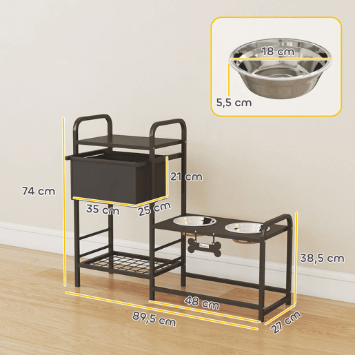 PawHut Comedouro Elevado para Cães com Gaveta em Tecido 2 Taças de Aço Inoxidável 2x800 ml Altura Ajustável 2 Prateleiras para Cães Pequenos e Médios 89,5x27x74 cm Preto