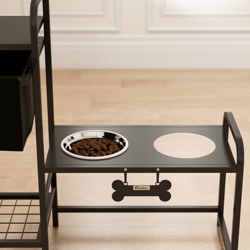 PawHut Comedouro Elevado para Cães com Gaveta em Tecido 2 Taças de Aço Inoxidável 2x800 ml Altura Ajustável 2 Prateleiras para Cães Pequenos e Médios 89,5x27x74 cm Preto
