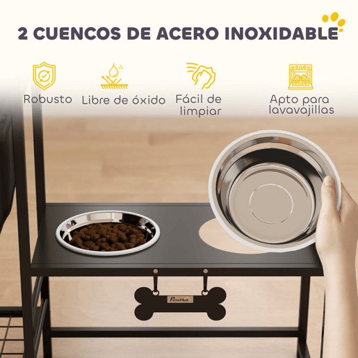PawHut Comedouro Elevado para Cães com Gaveta em Tecido 2 Taças de Aço Inoxidável 2x800 ml Altura Ajustável 2 Prateleiras para Cães Pequenos e Médios 89,5x27x74 cm Preto