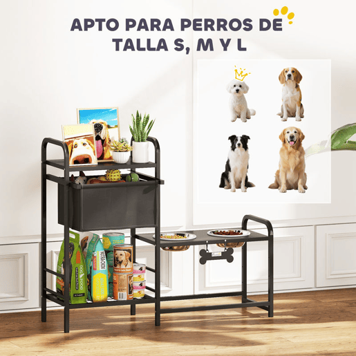PawHut Comedouro Elevado para Cães com Gaveta em Tecido 2 Taças de Aço Inoxidável 2x800 ml Altura Ajustável 2 Prateleiras para Cães Pequenos e Médios 89,5x27x74 cm Preto