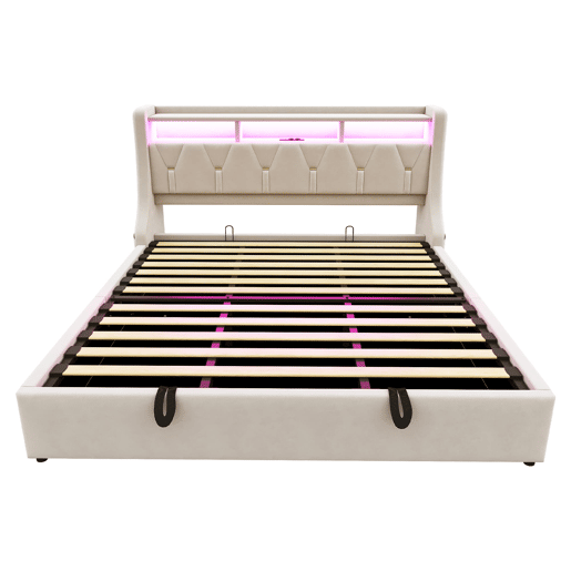 Cama estofada 180x200 cm - Cama com arrumação hidráulica, cabeceira rebatível, com tomada e prateleira, iluminação LED, pés largos, tecido de veludo bege