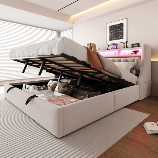 Cama estofada 180x200 cm - Cama com arrumação hidráulica, cabeceira rebatível, com tomada e prateleira, iluminação LED, pés largos, tecido de veludo bege