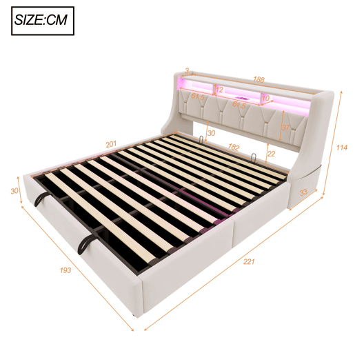 Cama estofada 180x200 cm - Cama com arrumação hidráulica, cabeceira rebatível, com tomada e prateleira, iluminação LED, pés largos, tecido de veludo bege