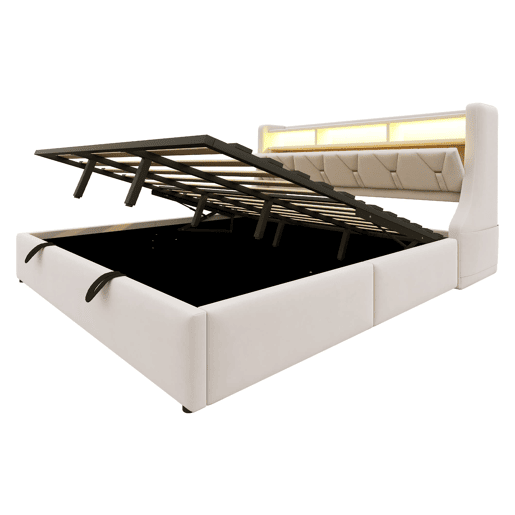 Cama estofada 180x200 cm - Cama com arrumação hidráulica, cabeceira rebatível, com tomada e prateleira, iluminação LED, pés largos, tecido de veludo bege