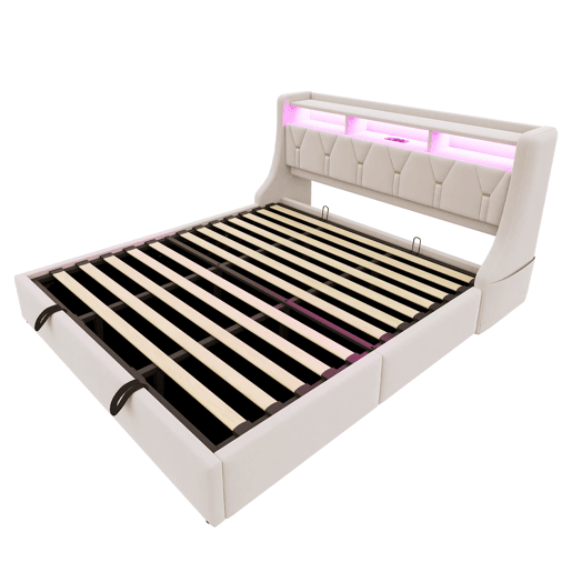 Cama estofada 180x200 cm - Cama com arrumação hidráulica, cabeceira rebatível, com tomada e prateleira, iluminação LED, pés largos, tecido de veludo bege