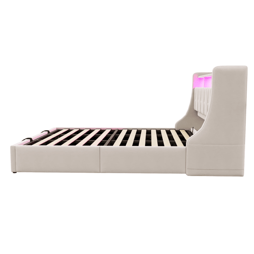Cama estofada 180x200 cm - Cama com arrumação hidráulica, cabeceira rebatível, com tomada e prateleira, iluminação LED, pés largos, tecido de veludo bege