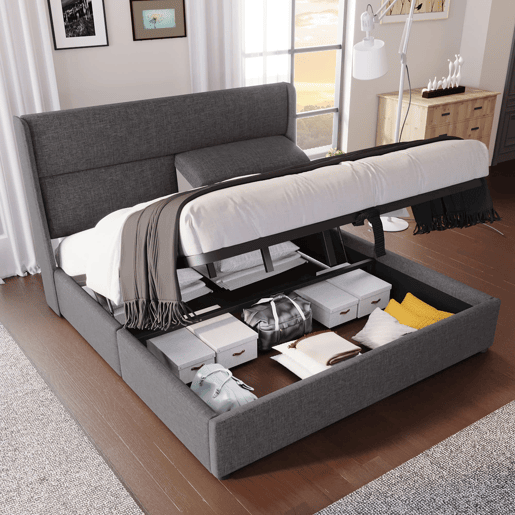 Cama estofada 160x200 cm - Cabeceiras ajustáveis, canapé hidráulico com arrumação, cinzento