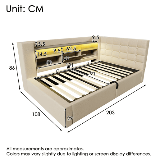 Cama individual 90x190 - Estofada com LED, armazenamento hidráulico, cabeceira L, bege