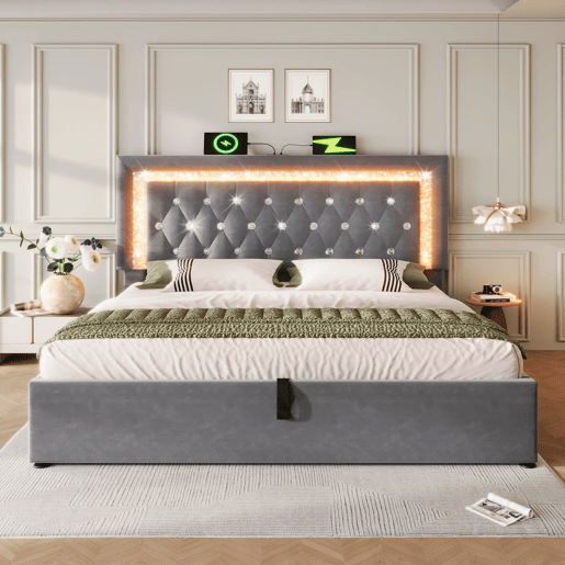 Cama estofada 160x200 cm - LED na cabeceira, USB e Type-C, armazenamento hidráulico - Cinza