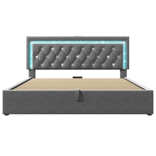 Cama estofada 160x200 cm - LED na cabeceira, USB e Type-C, armazenamento hidráulico - Cinza