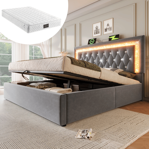 Cama estofada 140x200 cm - LED na cabeceira, USBType-C, armazenamento hidráulico - Cinza