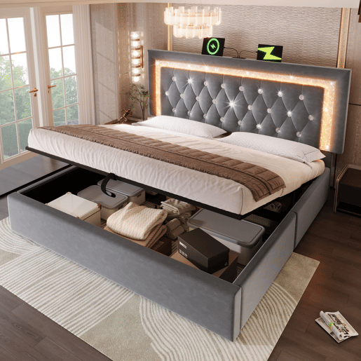Cama estofada 140x200 cm - LED na cabeceira, USBType-C, armazenamento hidráulico - Cinza