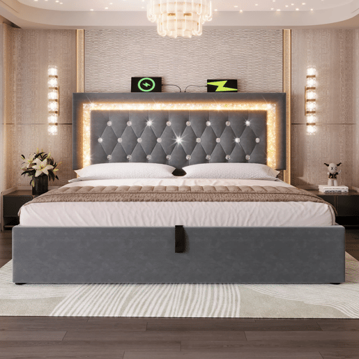 Cama estofada 140x200 cm - LED na cabeceira, USBType-C, armazenamento hidráulico, moderna - Cinza