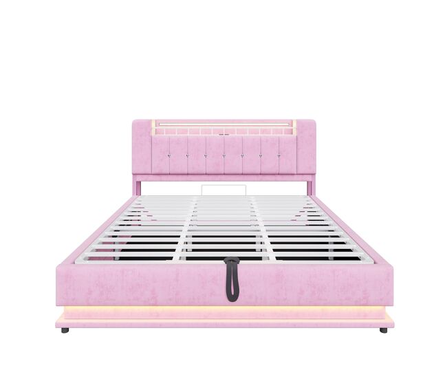 Cama tapizada 180x200 cm - con iluminación led, usb, almacenamiento hidráulico, terciopelo, metal - rosa