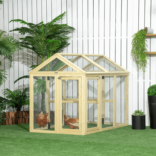PawHut Galinheiro para Exterior 140x88,5x106 cm Galinheiro para 1-3 Galinhas com 3 Poleiros Estrutura de Madeira e 2 Portas com Fechadura para Pátio Madeira Clara
