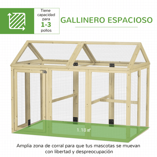 PawHut Galinheiro para Exterior 140x88,5x106 cm Galinheiro para 1-3 Galinhas com 3 Poleiros Estrutura de Madeira e 2 Portas com Fechadura para Pátio Madeira Clara
