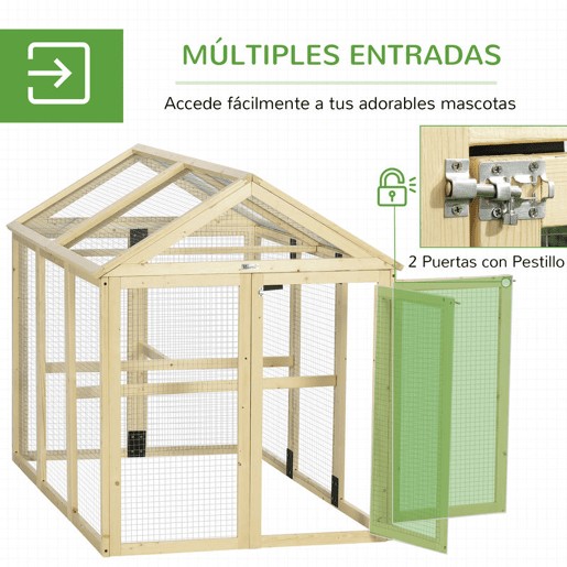 PawHut Galinheiro para Exterior 140x88,5x106 cm Galinheiro para 1-3 Galinhas com 3 Poleiros Estrutura de Madeira e 2 Portas com Fechadura para Pátio Madeira Clara