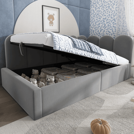 Cama estofada 90x190 cm - Sofá-cama com arrumação hidráulica - Cinza