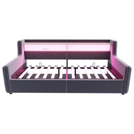 Sofá-cama 90x200 cm - Com armazenamento hidráulico, encosto e braços grossos, com LED e tomada - Cinza escuro