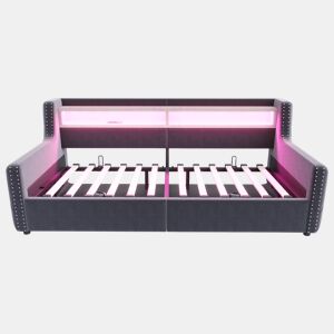 Sofá-cama 90x200 cm - Com armazenamento hidráulico, encosto e braços grossos, com LED e tomada - Cinza escuro
