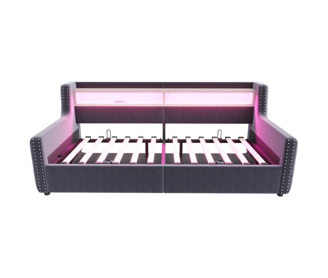Sofá cama 90x200 cm - con almacenamiento hidráulico, respaldo y reposabrazos gruesos, con led y enchufe - gris oscuro