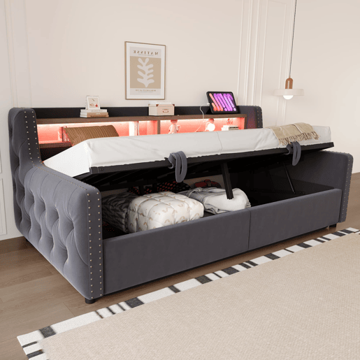 Sofá-cama 90x200 cm - Com armazenamento hidráulico, encosto e braços grossos, com LED e tomada - Cinza escuro