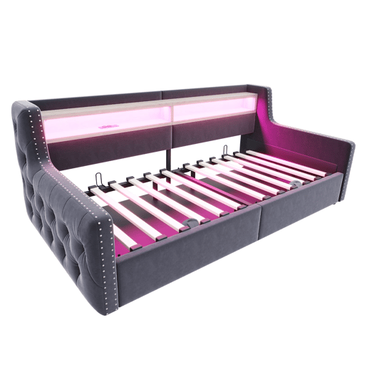 Sofá-cama 90x200 cm - Com armazenamento hidráulico, encosto e braços grossos, com LED e tomada - Cinza escuro