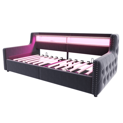 Sofá-cama 90x200 cm - Com armazenamento hidráulico, encosto e braços grossos, com LED e tomada - Cinza escuro