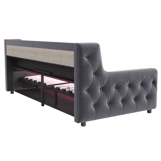 Sofá-cama 90x200 cm - Com armazenamento hidráulico, encosto e braços grossos, com LED e tomada - Cinza escuro