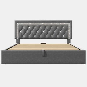 Cama estofada 160x200 cm - LED na cabeceira, USB e Type-C, armazenamento hidráulico - Cinza