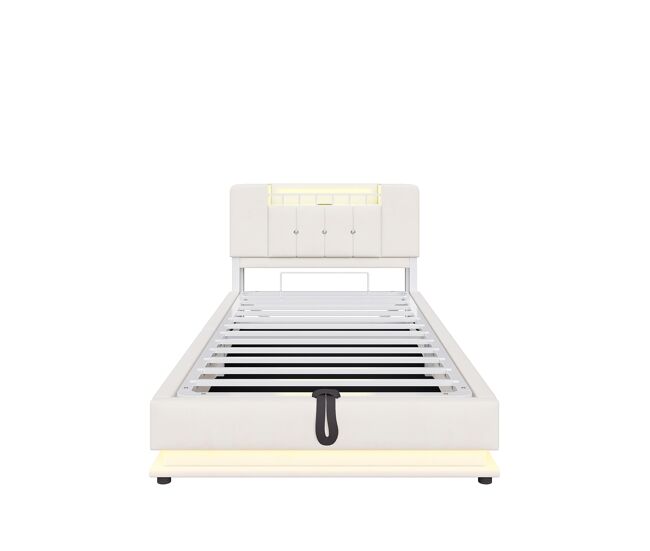 Cama juvenil 90x200 cm - con iluminación led, puerto usb, almacenamiento hidráulico, tapizado de terciopelo, estructura metálica - beige