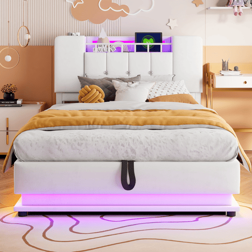 Cama juvenil 90x200 cm - com iluminação LED, porta USB, armazenamento hidráulico, estofamento de veludo, estrutura metálica - Bege