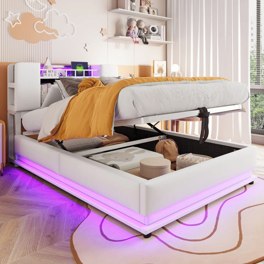 Cama juvenil 90x200 cm - com iluminação LED, porta USB, armazenamento hidráulico, estofamento de veludo, estrutura metálica - Bege