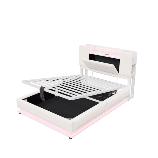 Cama juvenil 90x200 cm - com iluminação LED, porta USB, armazenamento hidráulico, estofamento de veludo, estrutura metálica - Bege