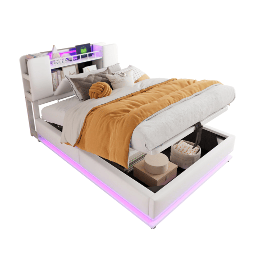 Cama juvenil 90x200 cm - com iluminação LED, porta USB, armazenamento hidráulico, estofamento de veludo, estrutura metálica - Bege