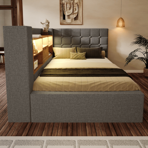 Cama individual 90x200 - LED, armazenamento hidráulico, cabeceira L, montável em ambos os lados - Cinza