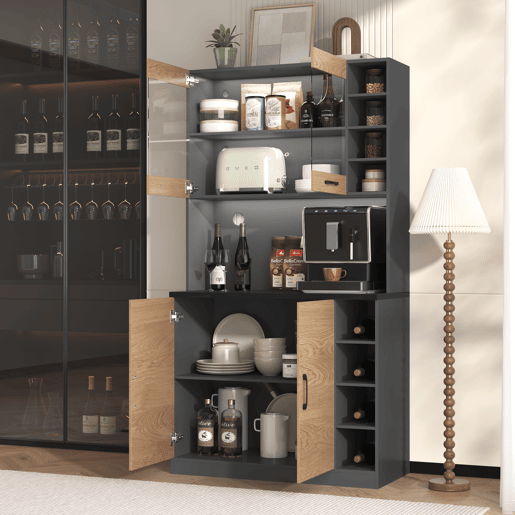 Armário de cozinha 100x47x187 cm - Buffet com iluminação ambiente LED, orifícios para cabos, prateleiras ajustáveis - Natural+Cinza