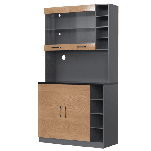 Armário de cozinha 100x47x187 cm - Buffet com iluminação ambiente LED, orifícios para cabos, prateleiras ajustáveis - Natural+Cinza