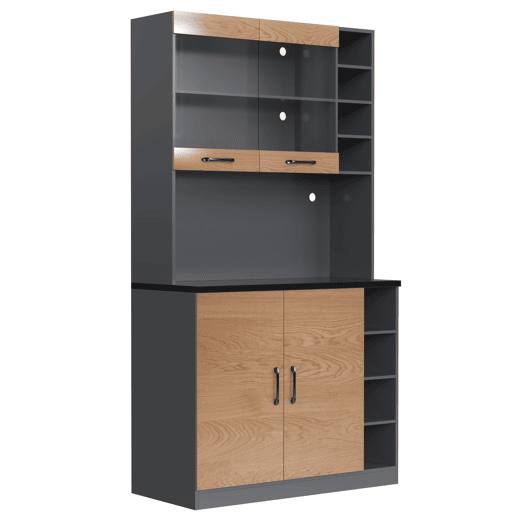 Armário de cozinha 100x47x187 cm - Buffet com iluminação ambiente LED, orifícios para cabos, prateleiras ajustáveis - Natural+Cinza