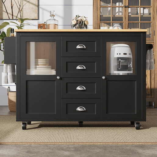 Ilha de cozinha 120x73x93cm - carrinho extraível com rodas, 2 portas, 4 gavetas, prateleiras ajustáveis, toalheiro, porta-temperos - preto