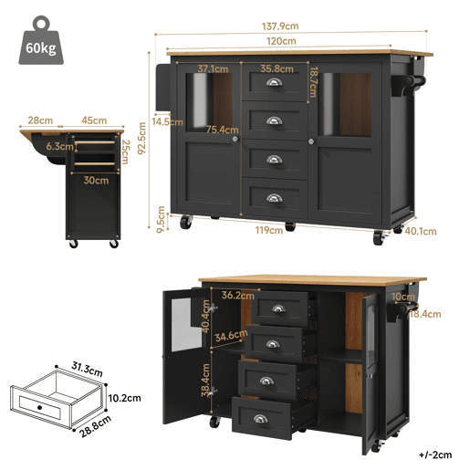 Ilha de cozinha 120x73x93cm - carrinho extraível com rodas, 2 portas, 4 gavetas, prateleiras ajustáveis, toalheiro, porta-temperos - preto