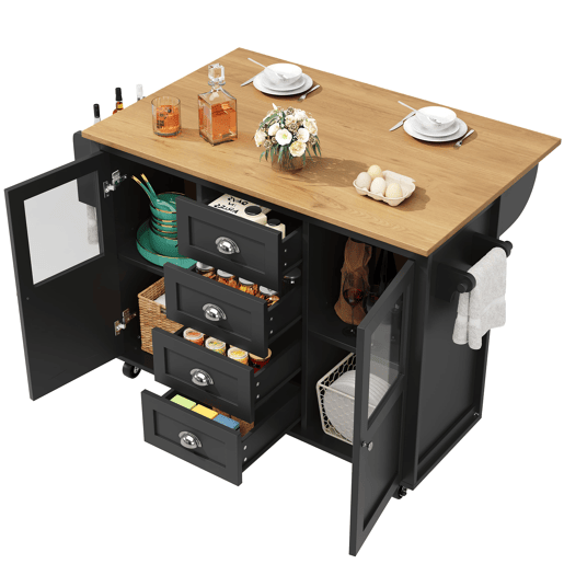 Ilha de cozinha 120x73x93cm - carrinho extraível com rodas, 2 portas, 4 gavetas, prateleiras ajustáveis, toalheiro, porta-temperos - preto