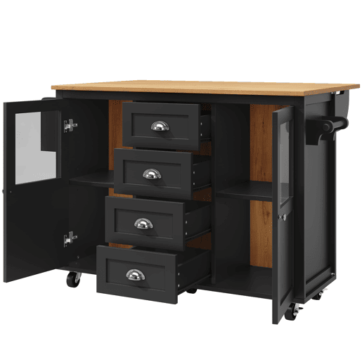 Ilha de cozinha 120x73x93cm - carrinho extraível com rodas, 2 portas, 4 gavetas, prateleiras ajustáveis, toalheiro, porta-temperos - preto