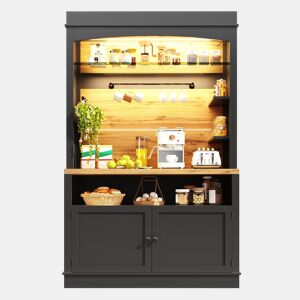 Armário de cozinha alto 107x43x184 cm - vitrina com LED e prateleiras abertas - preto