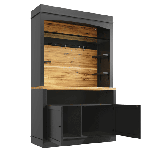 Armário de cozinha alto 107x43x184 cm - vitrina com LED e prateleiras abertas - preto
