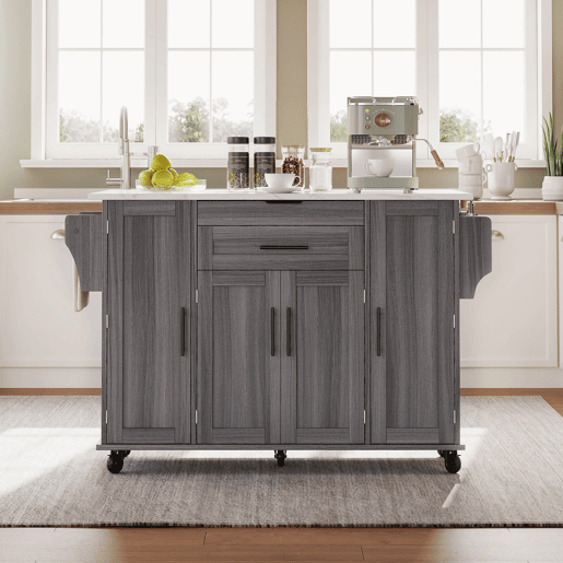 Ilha de cozinha móvel 120x45 cm - com superfície extensível até 70 cm, gaveta para utensílios, prateleiras ajustáveis, prateleira para especiarias, suporte para toalhas - Cinza