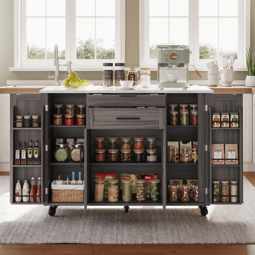 Ilha de cozinha móvel 120x45 cm - com superfície extensível até 70 cm, gaveta para utensílios, prateleiras ajustáveis, prateleira para especiarias, suporte para toalhas - Cinza