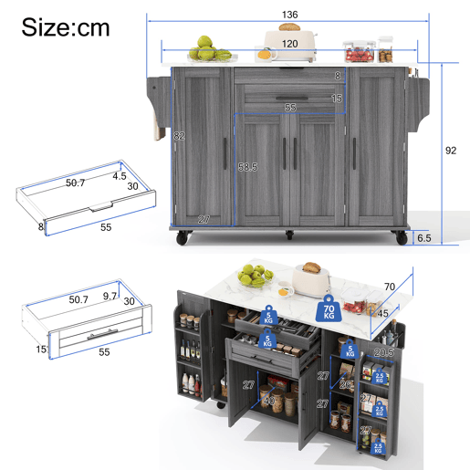 Ilha de cozinha móvel 120x45 cm - com superfície extensível até 70 cm, gaveta para utensílios, prateleiras ajustáveis, prateleira para especiarias, suporte para toalhas - Cinza