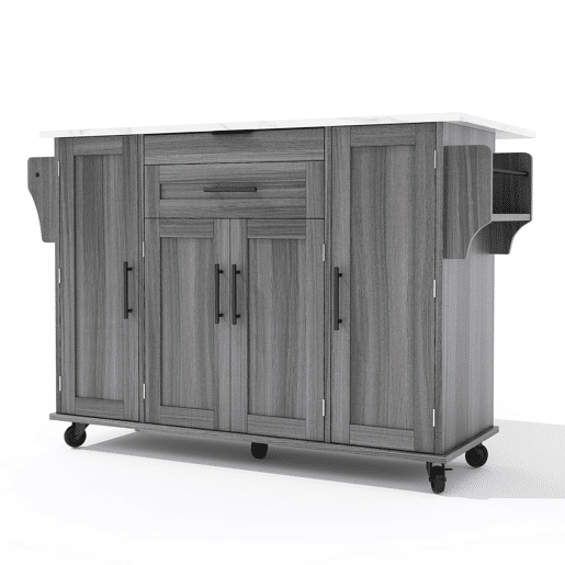 Ilha de cozinha móvel 120x45 cm - com superfície extensível até 70 cm, gaveta para utensílios, prateleiras ajustáveis, prateleira para especiarias, suporte para toalhas - Cinza