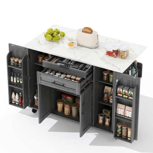Ilha de cozinha móvel 120x45 cm - com superfície extensível até 70 cm, gaveta para utensílios, prateleiras ajustáveis, prateleira para especiarias, suporte para toalhas - Cinza